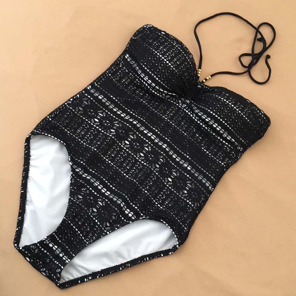 EUC Chaps Black Eyelet Mesh Strapless Swim Suit 6